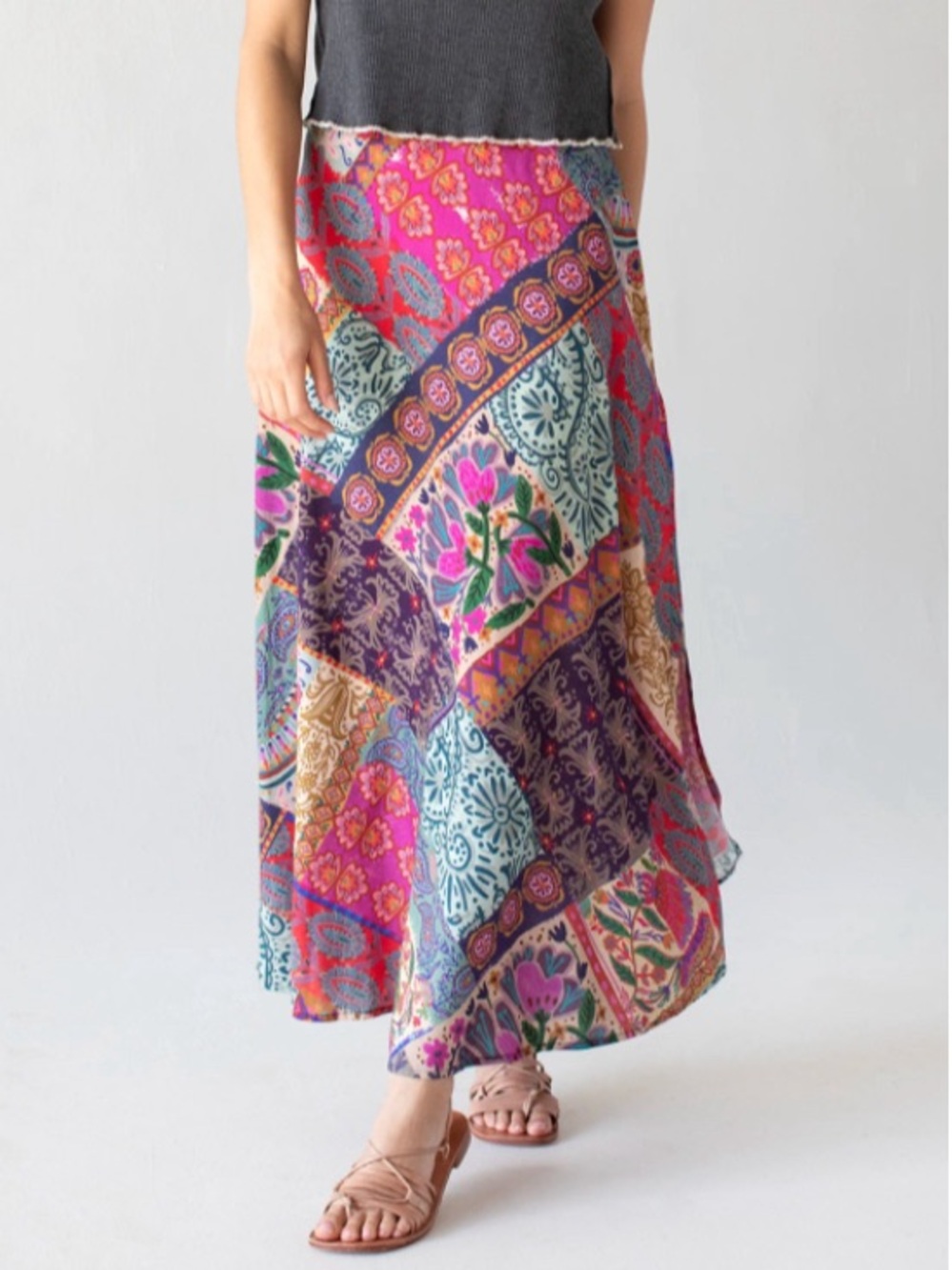 NATURAL LIFE Boho Patchwork Maxi Skirt in Pink Multicolor